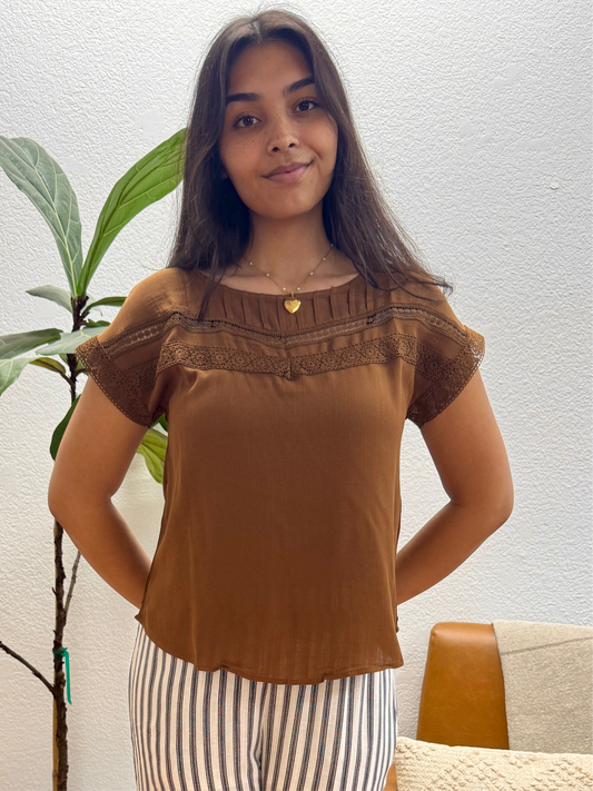 Brown Lace Trim Yoke Top