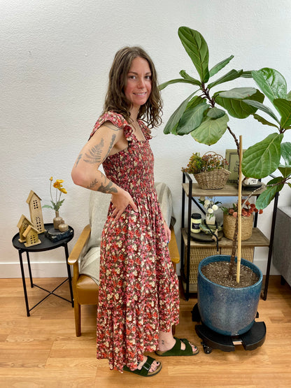 Wine Smocked Bodice Floral Midi Dress