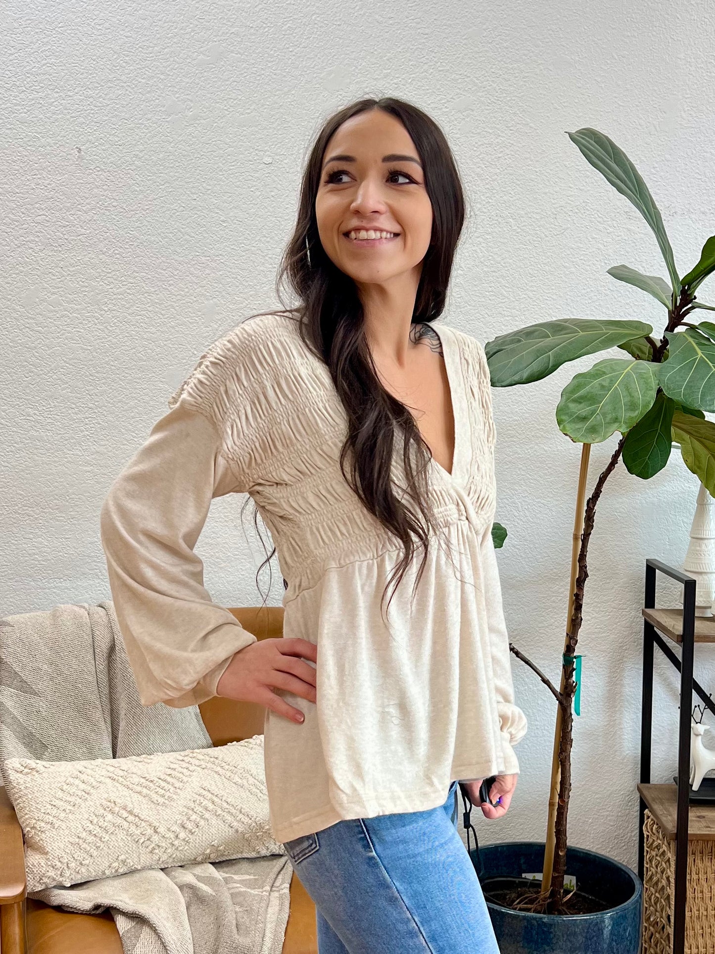 Oatmeal V Neck Babydoll Blouse