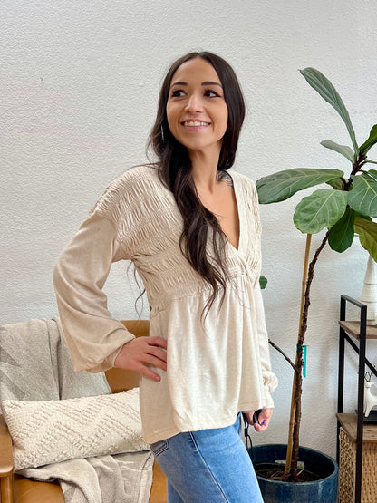 Oatmeal V Neck Babydoll Blouse