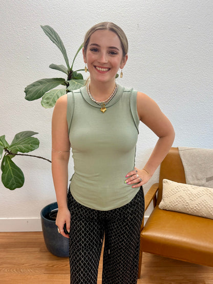 Sage Green Round Neck Ribbed Tank