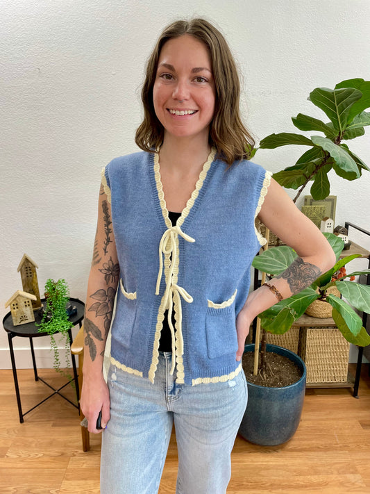 Blue Scallop Trim Tie Vest