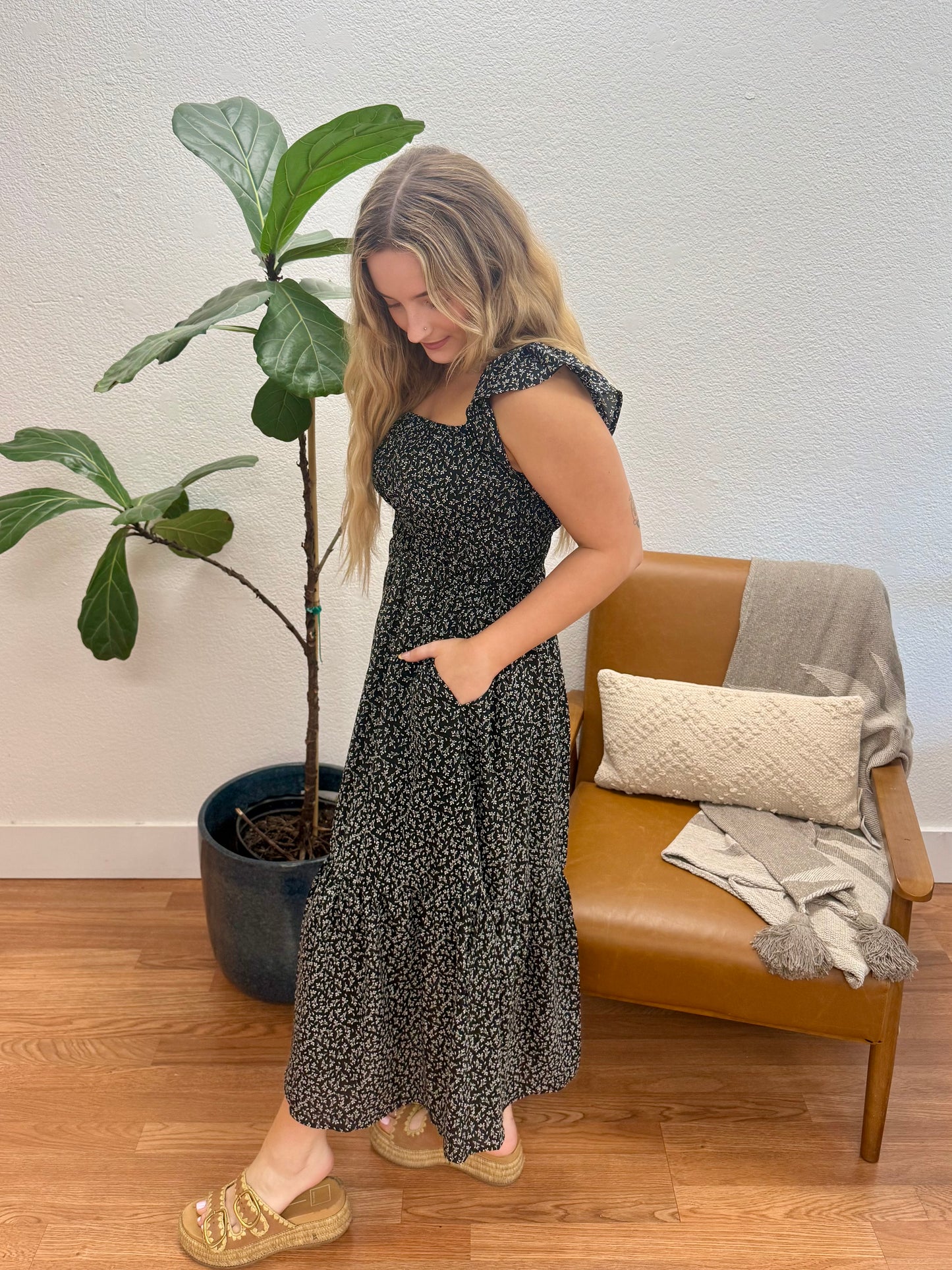 Black Ruffle Sleeve Smock Dress
