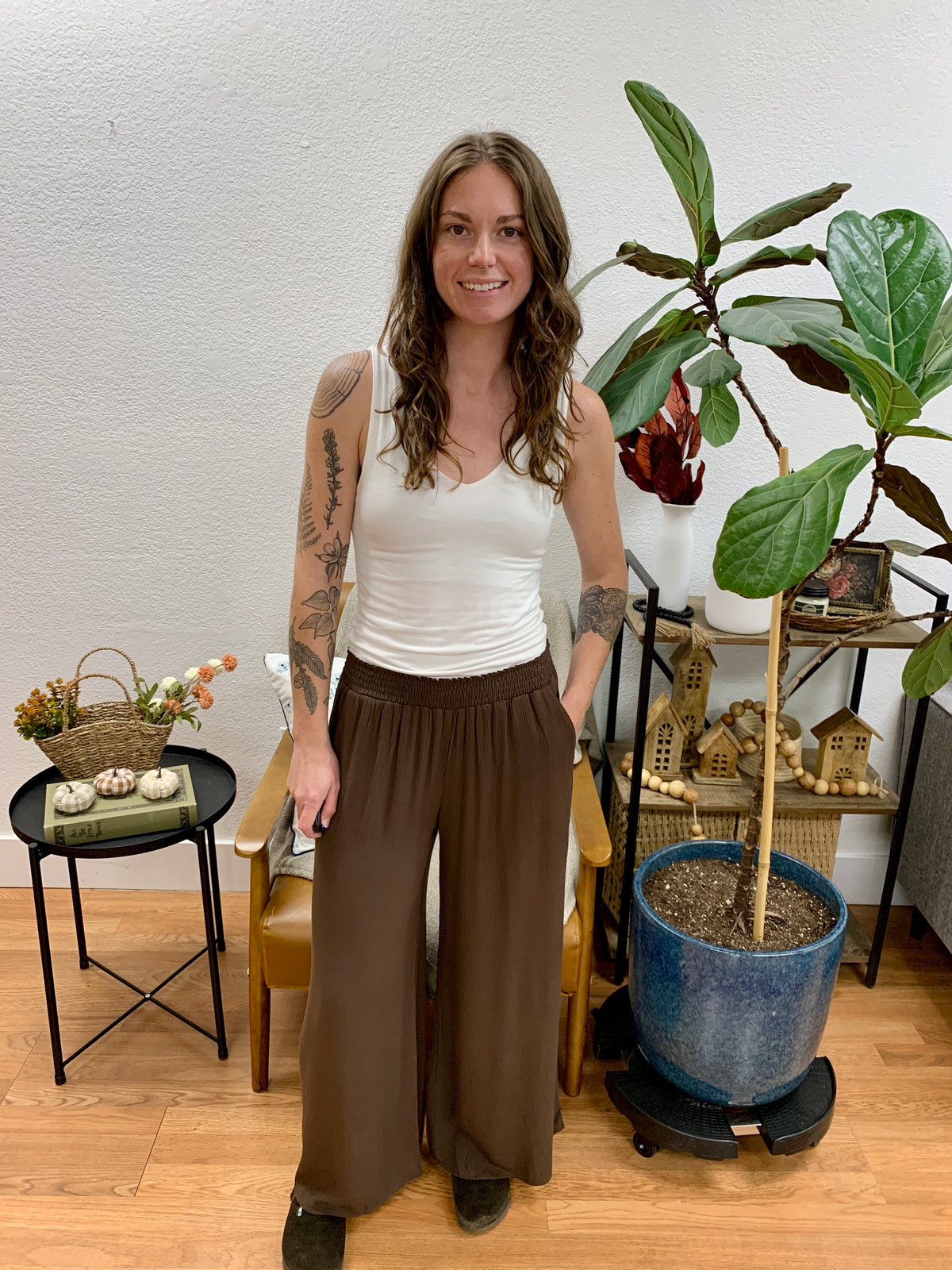 Chocolate Wide Leg Smocked Cropped Pants