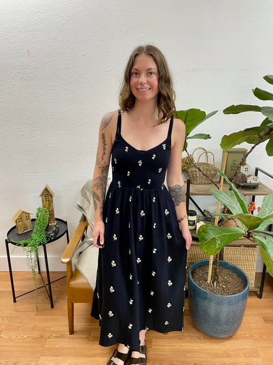 Black Gauze Embroidered Midi Dress