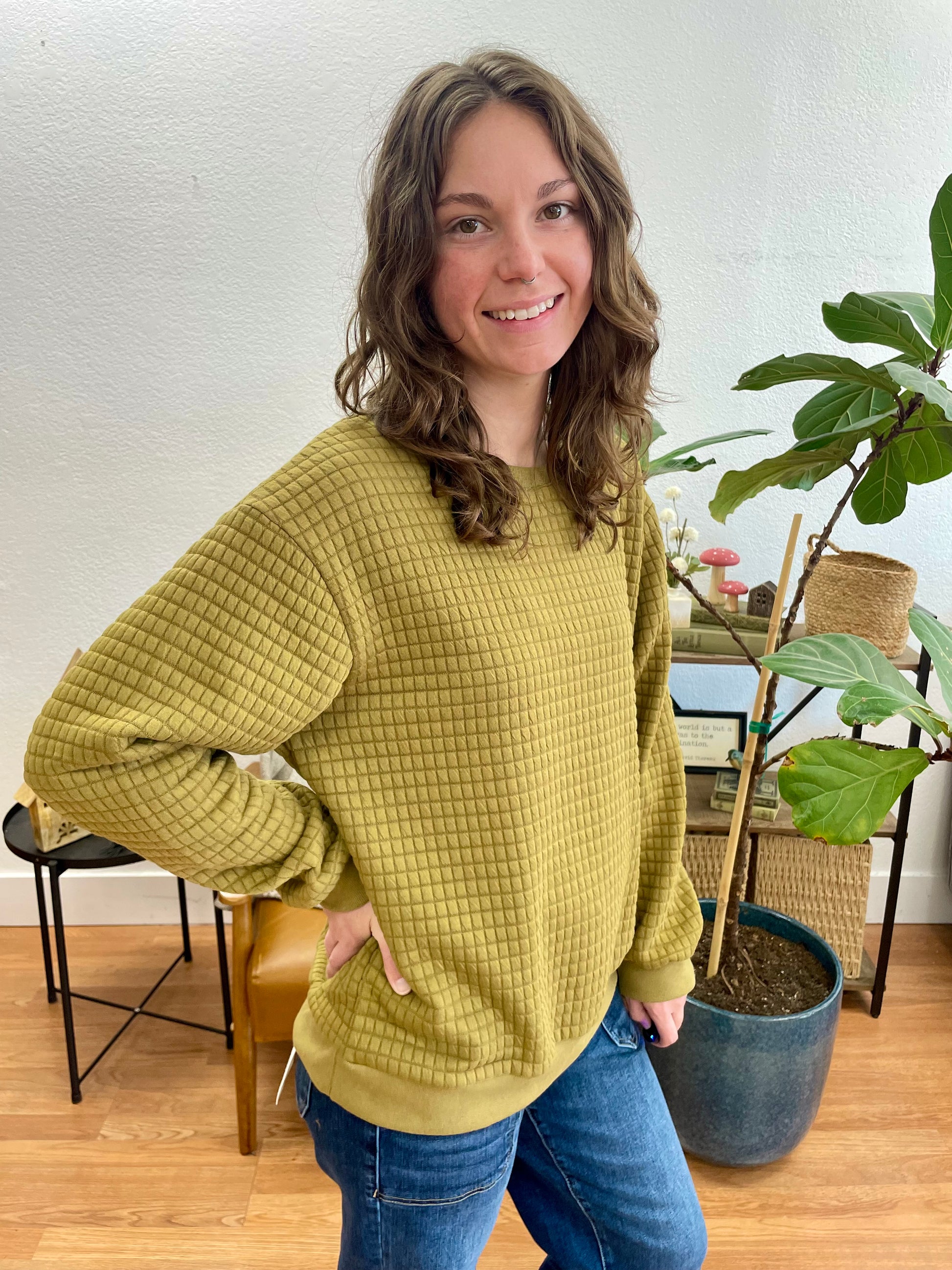 Olive Quilted Pullover Sweater - Terra Cottage