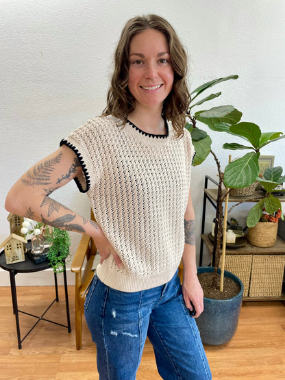 Khaki Contrast Trim Short Sleeve Sweater
