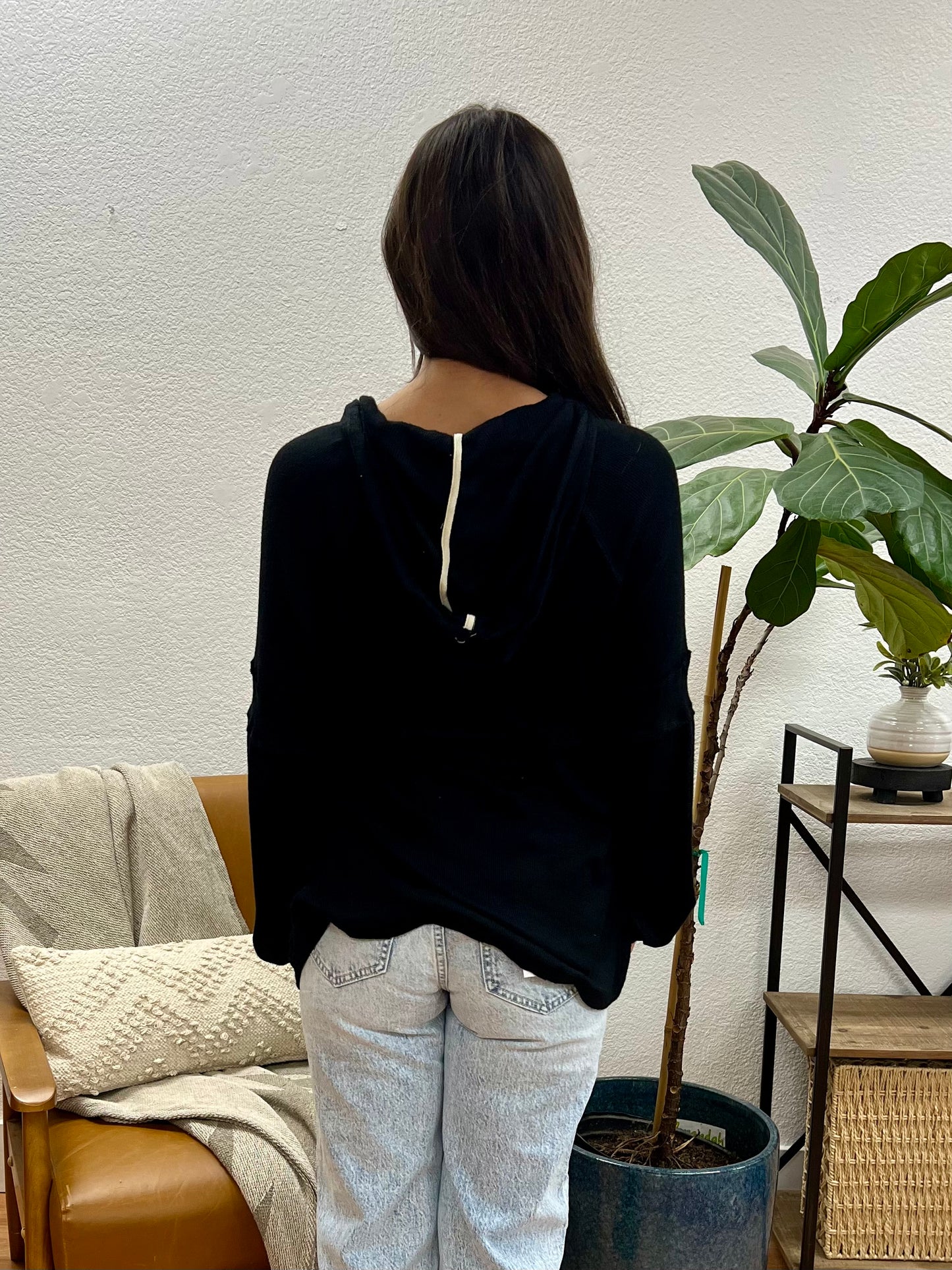 Black Knit Henley Hoodie