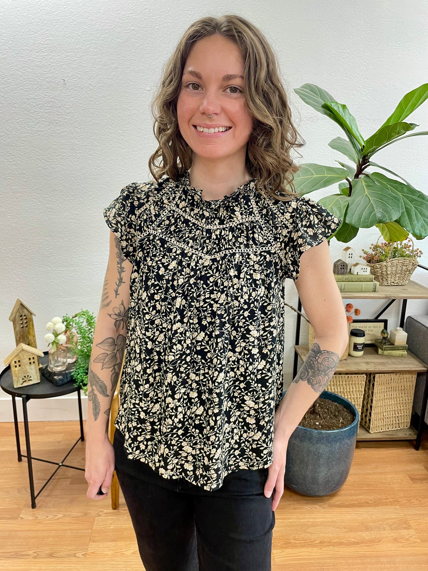 Black Floral Lace Yoke Top - Terra Cottage