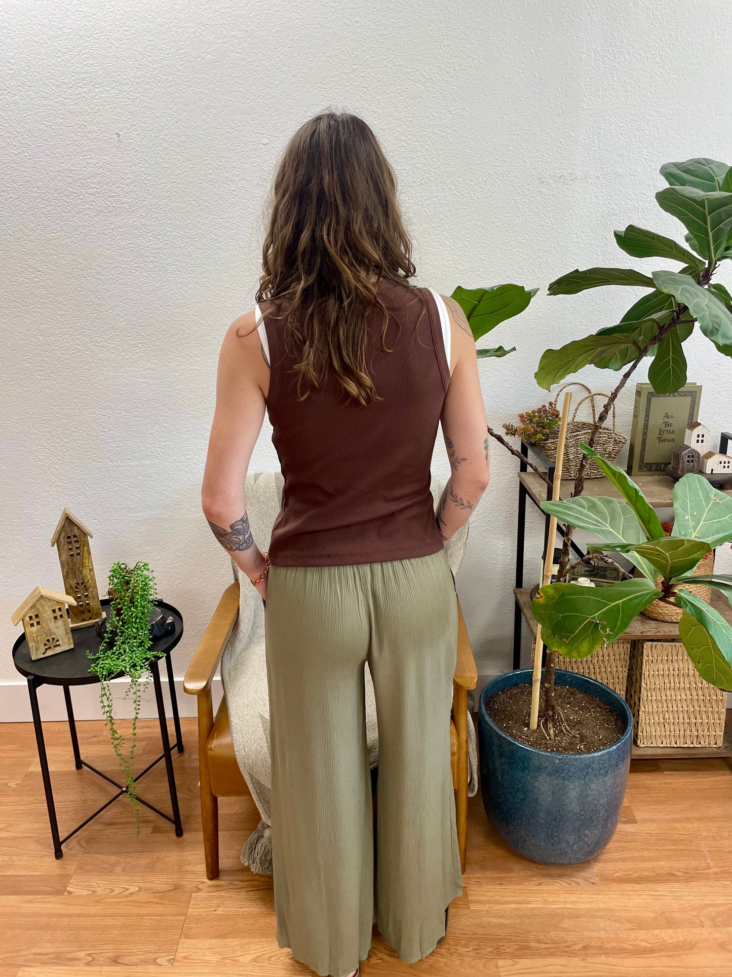 Dusty Olive Smocked Gauze Pants