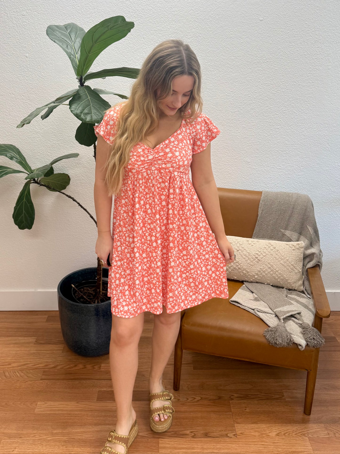 Coral Floral Ribbed Sweetheart Dress
