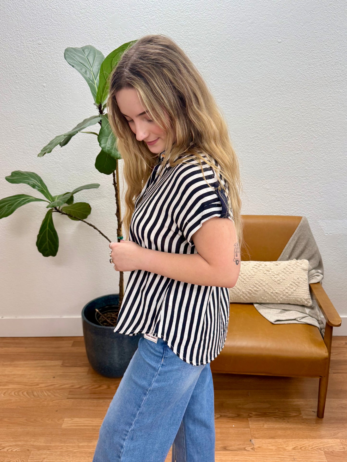 Navy Stripe Button Down