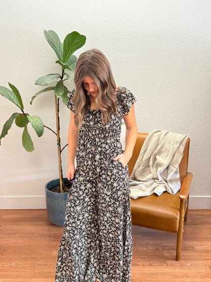 Black Smocked Ditsy Jumpsuit