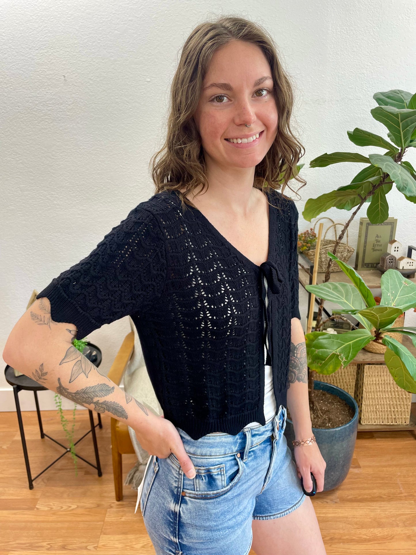 Black Tie Front Knit Top