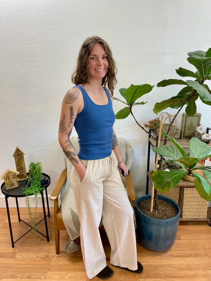 Khaki Stripe Tie Front Linen Pants