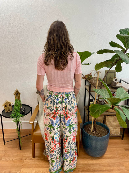 Cream Printed Flowy Pants