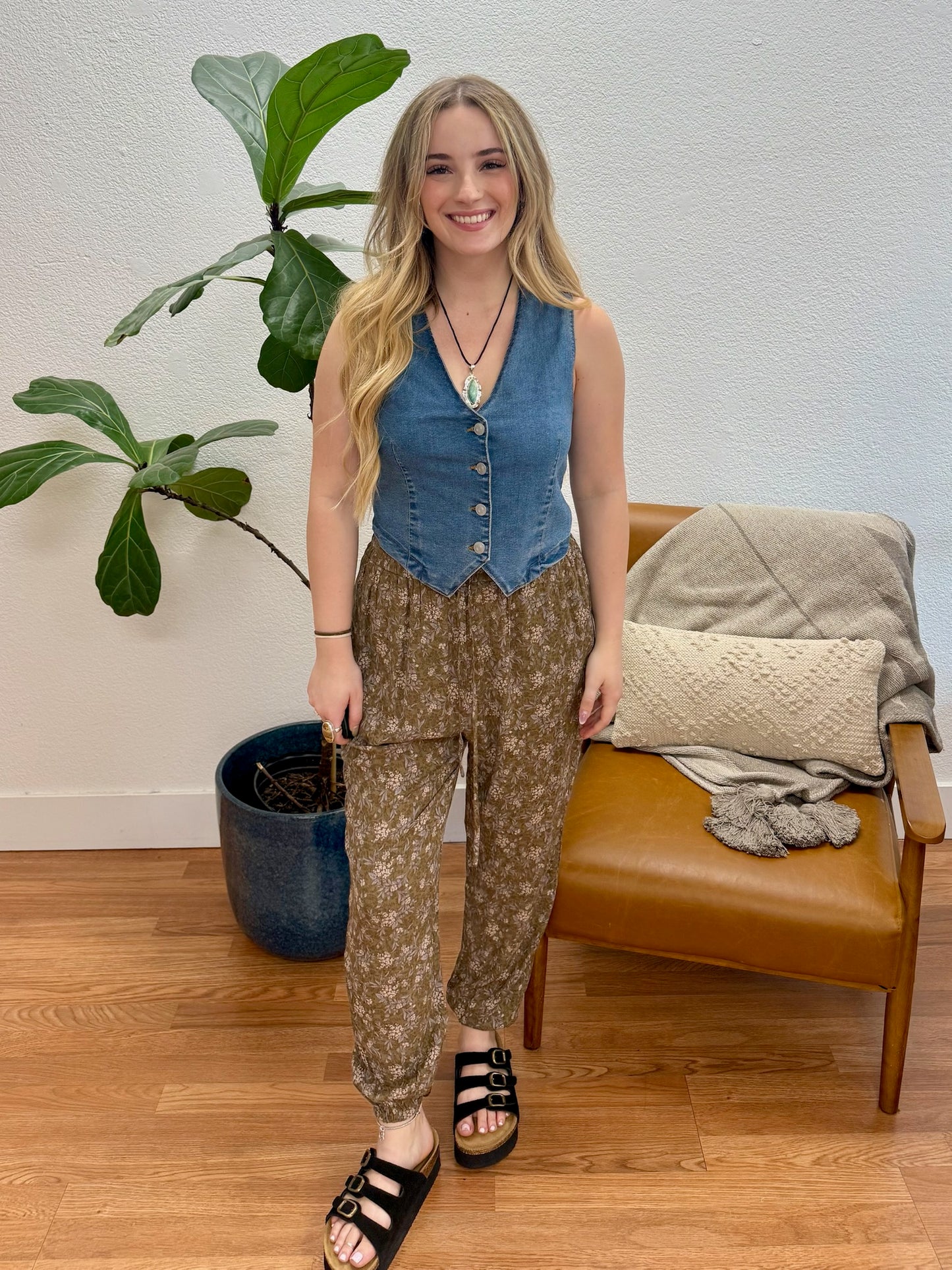 Olive Print Smocked Pants