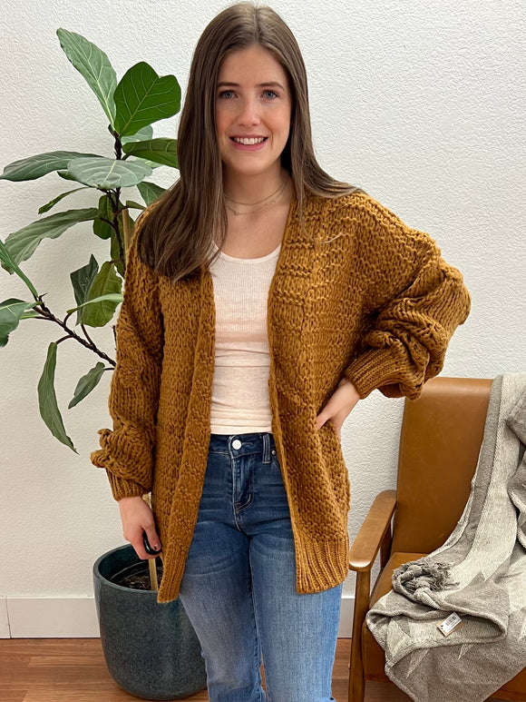 Mustard Popcorn Bubble Sleeve Cardigan