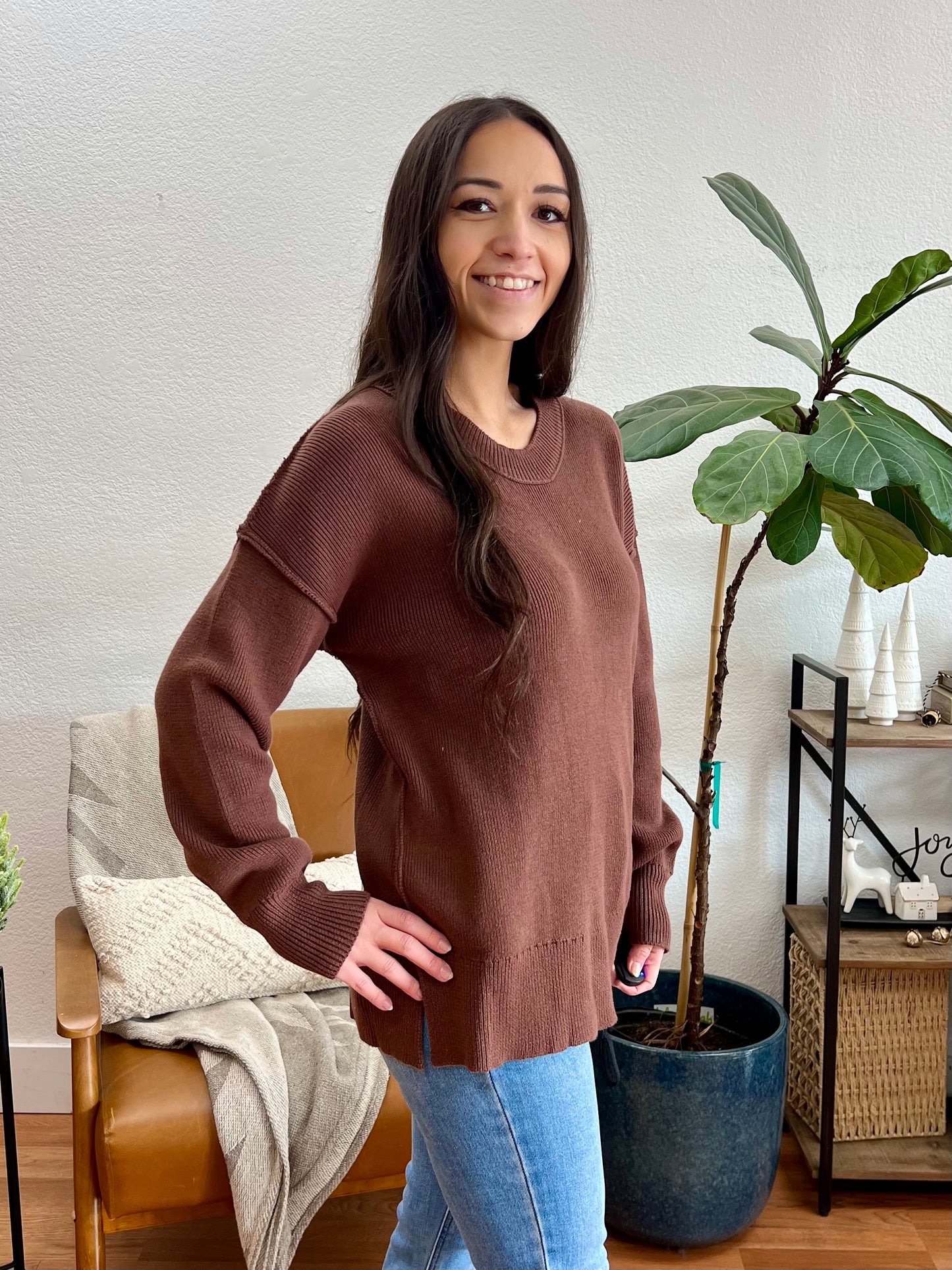 Brown Ribbed Exposed Seam Sweater