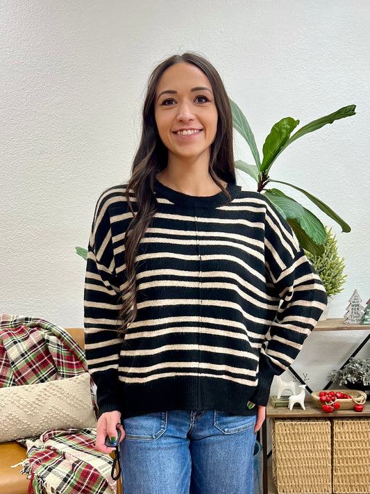 Black Front Seam Striped Sweater