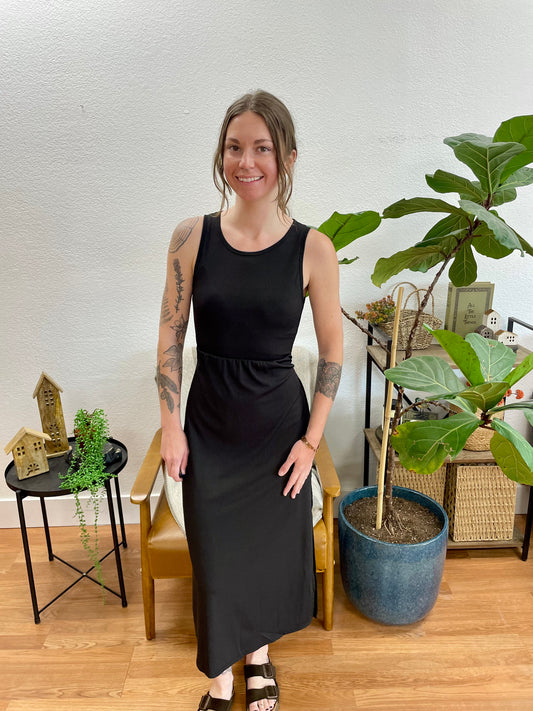 Black Ribbed Side Slit Tank Dress - Terra Cottage