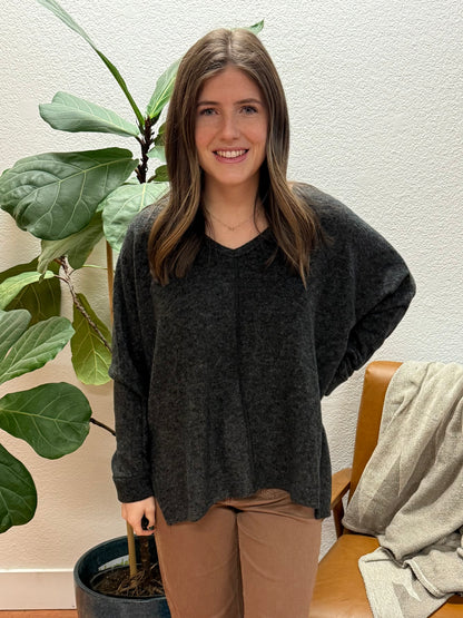 Black Brushed Hacci V-Neck Sweater