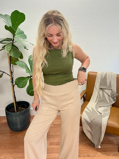 Khaki Smocked Linen Pants