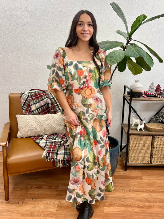 Moss Green Floral Midi Dress