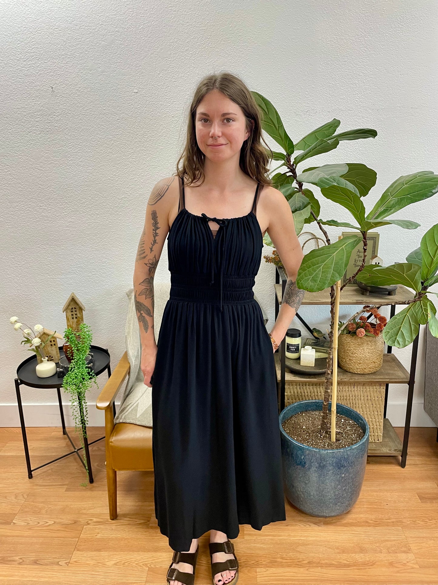 Black Tie Shoulder Midi Dress