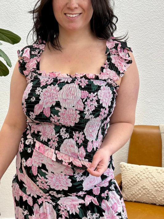Black Pink Floral Smock Top
