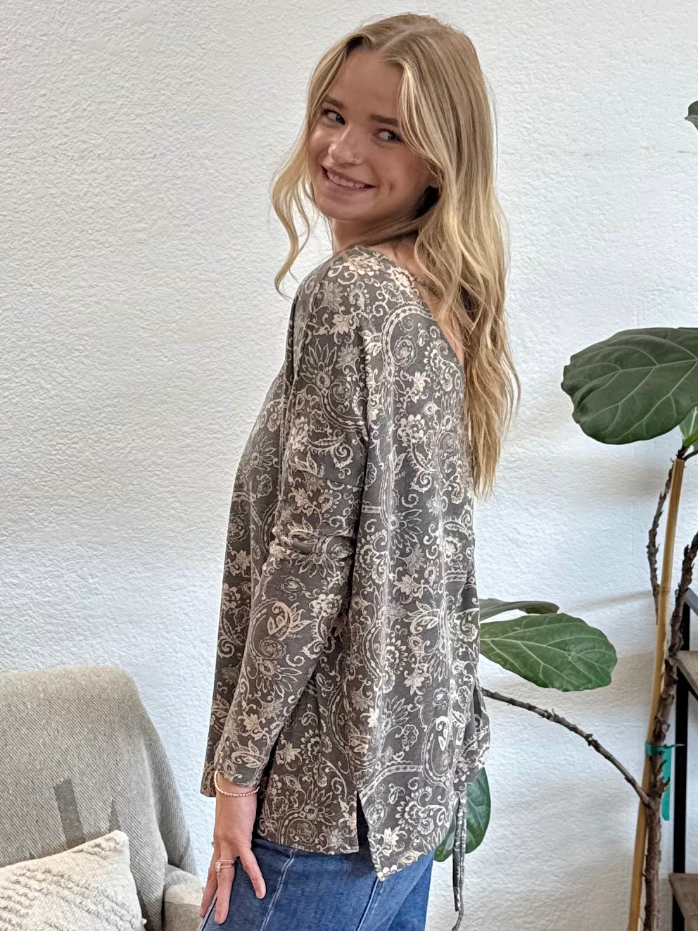 Charcoal Paisley Knit Top