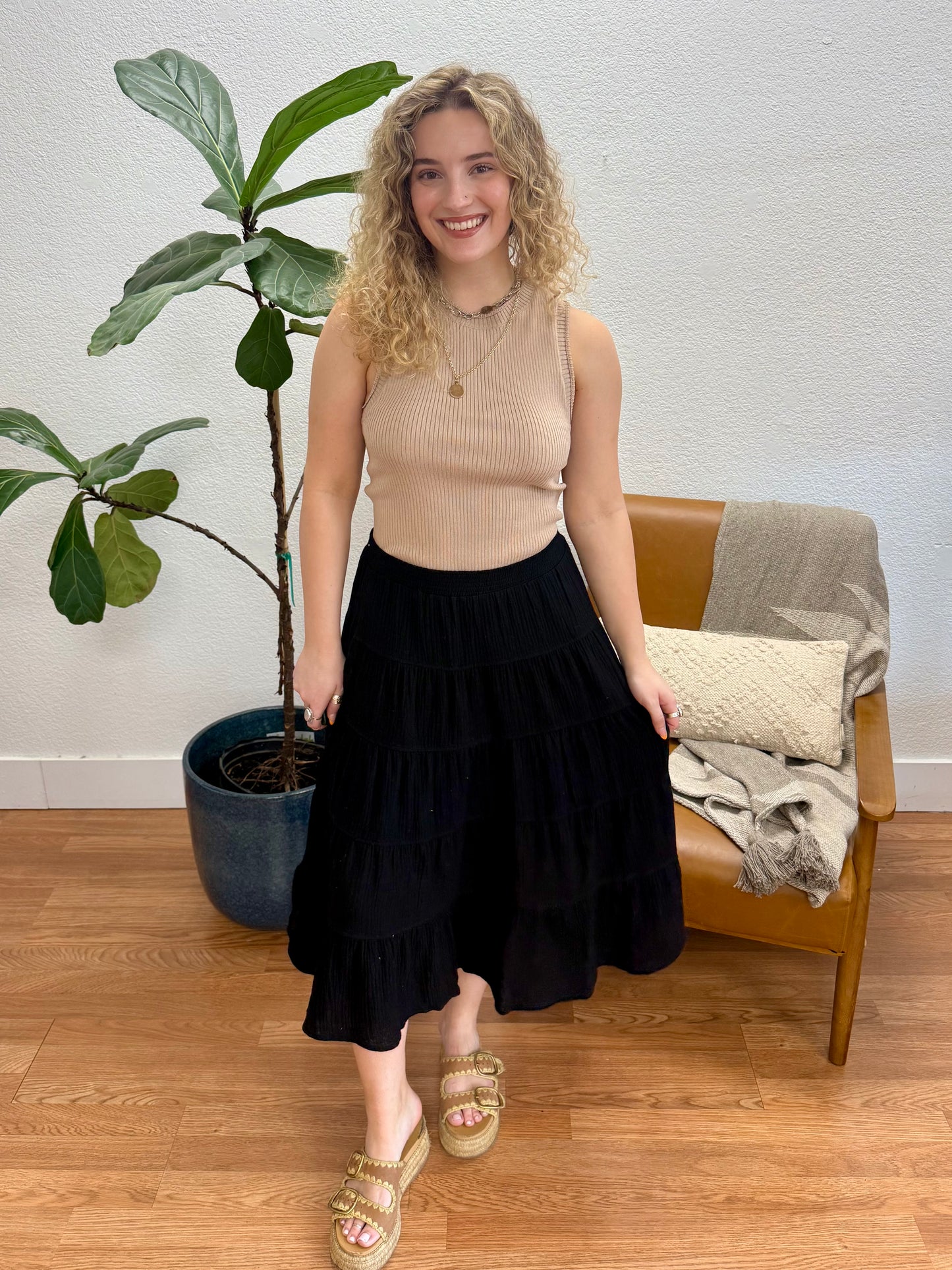 Black Double Gauze Tiered Maxi Skirt