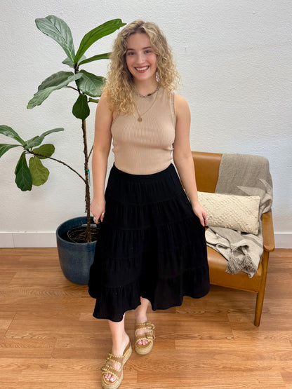 Black Double Gauze Tiered Maxi Skirt