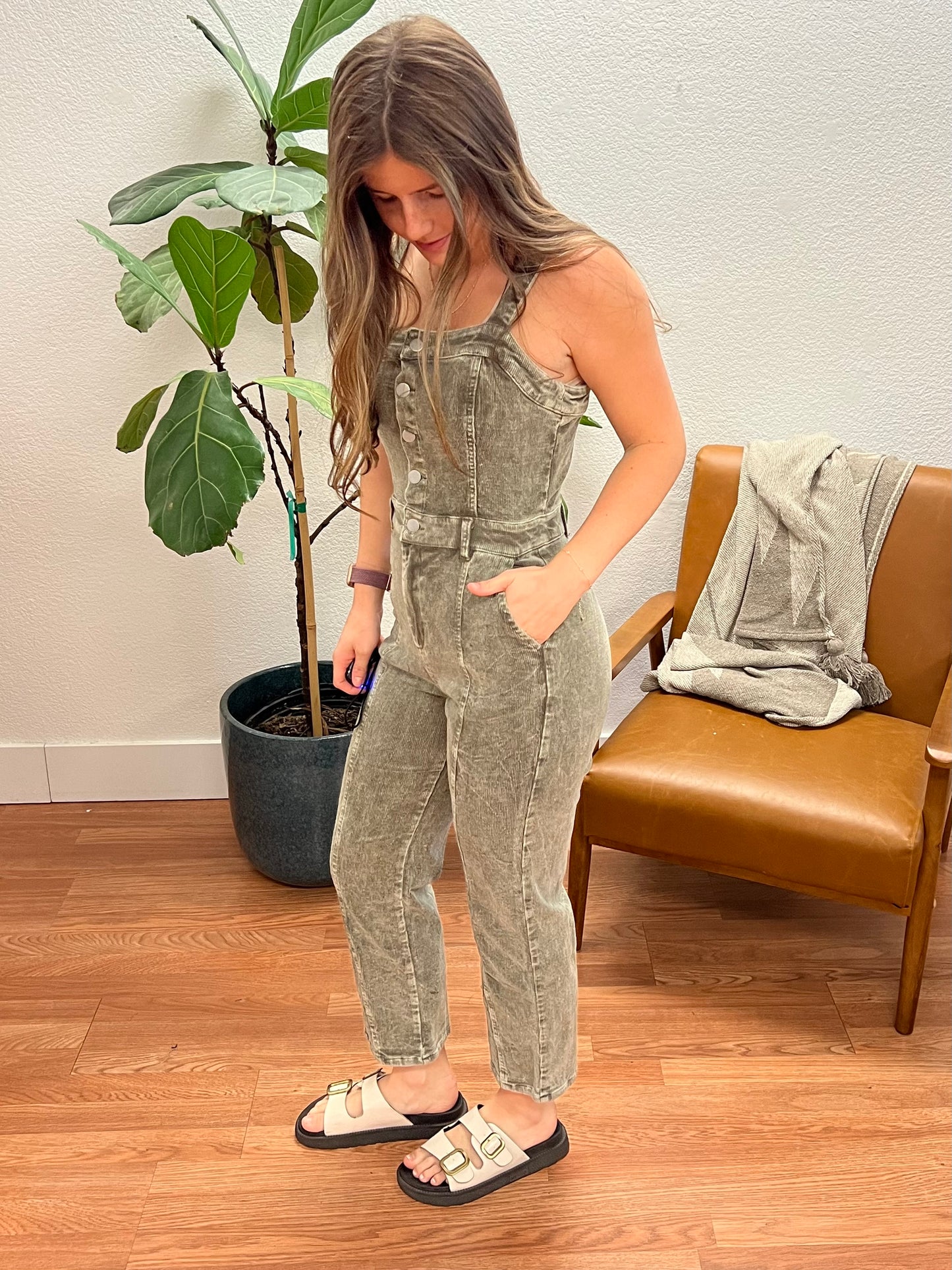 Olive Washed Corduroy Jumpsuit