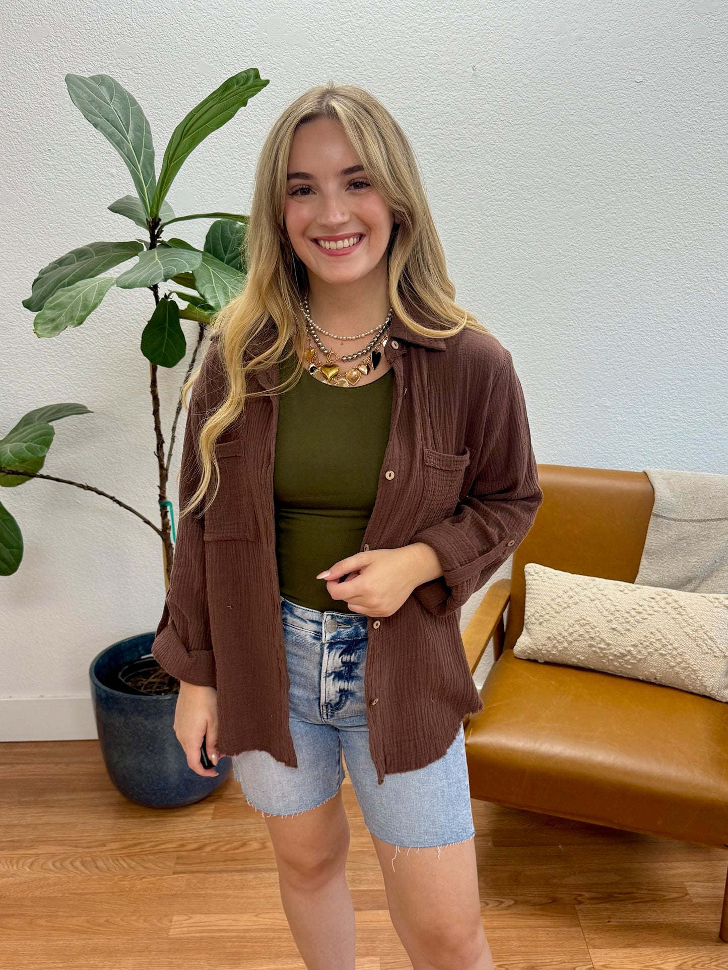 Brown Double Gauze Button Down Top
