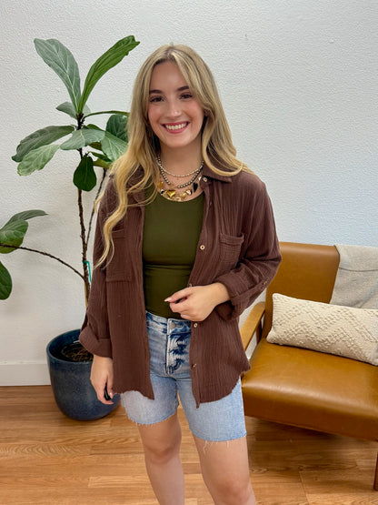 Brown Double Gauze Button Down Top
