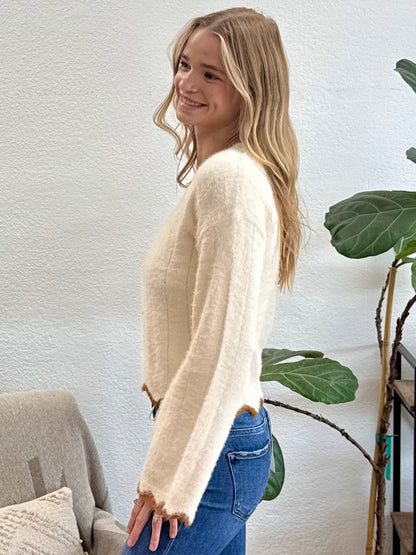 Ivory Scallop Edge Fuzzy Sweater