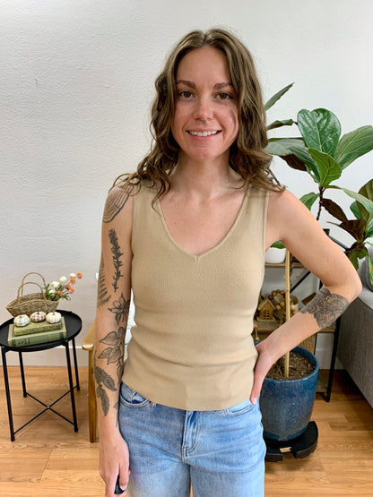 Taupe V Neck Soft Knit Tank