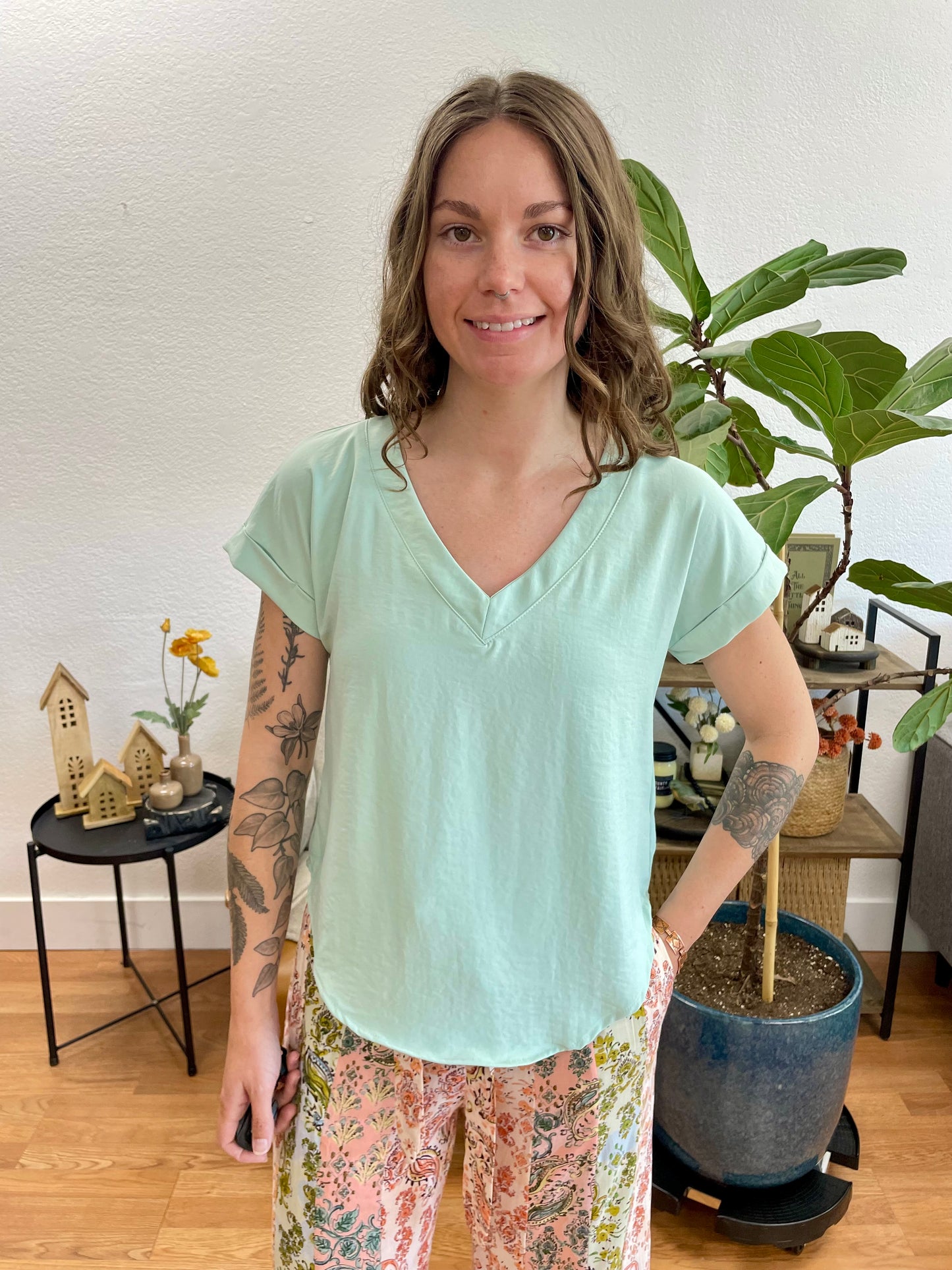 Light Sage V-Neck Pintuck Top