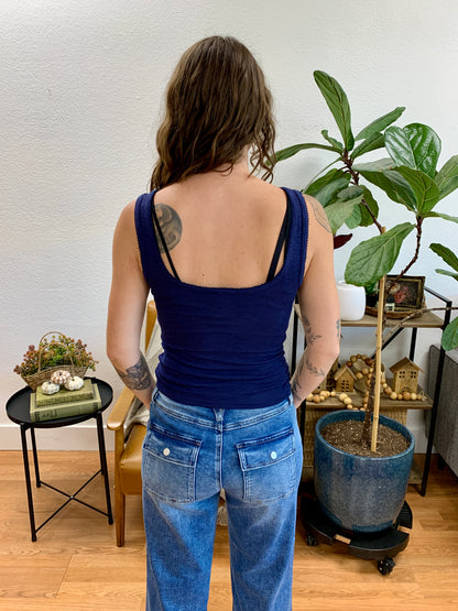 Navy Slub Button Front Tank