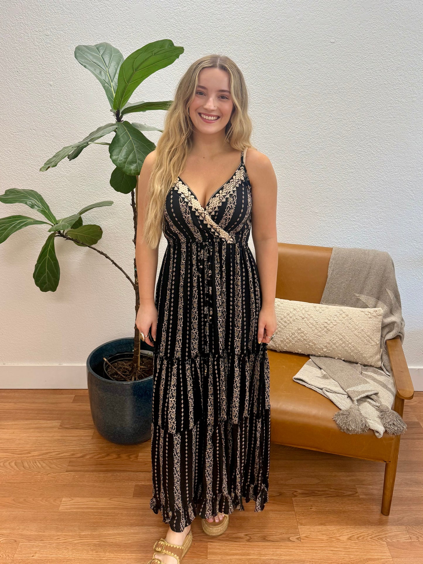 Black Embroidered V-Neck Maxi Dress
