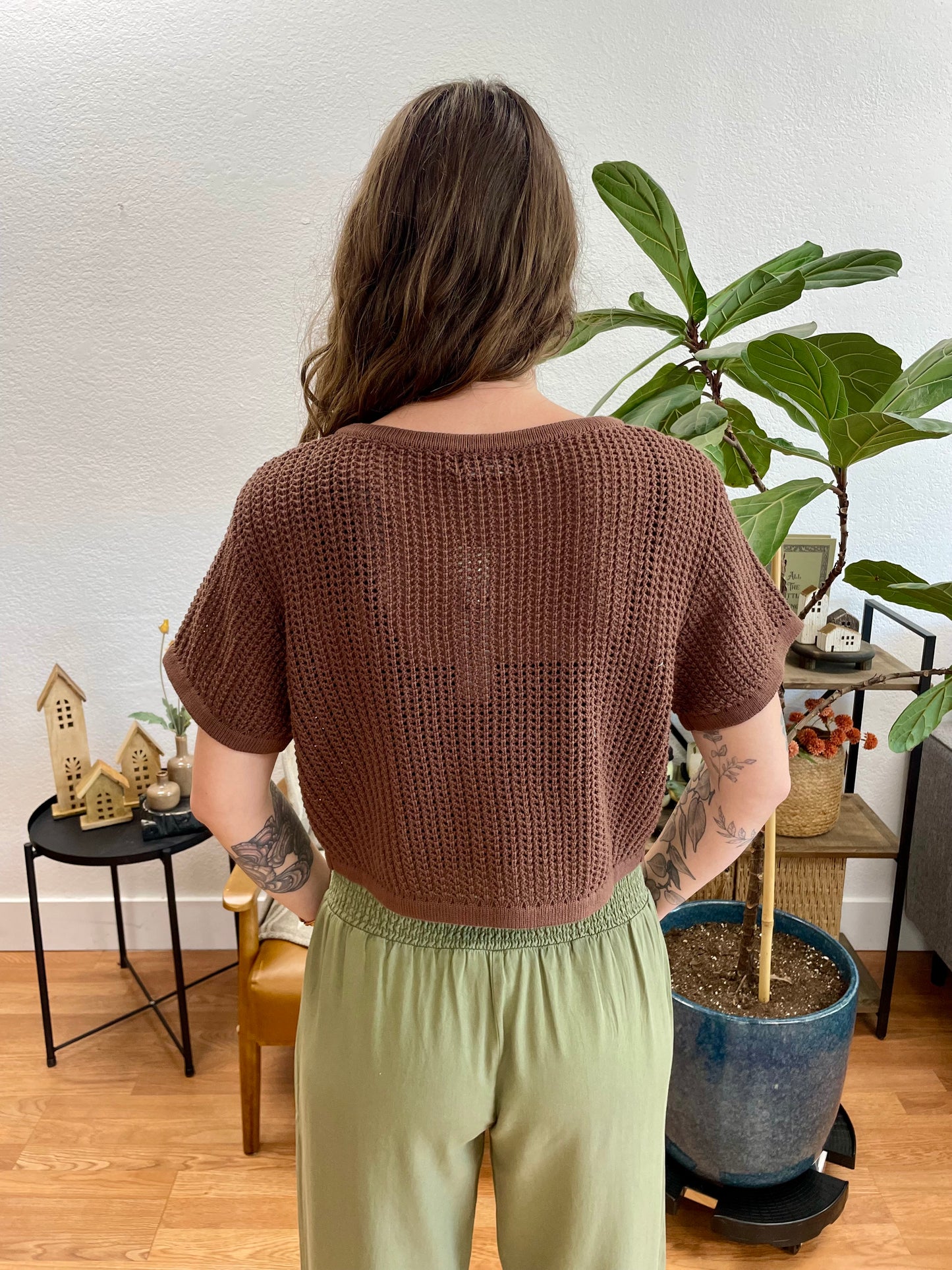 Brown Crochet Short Sleeve Cardigan