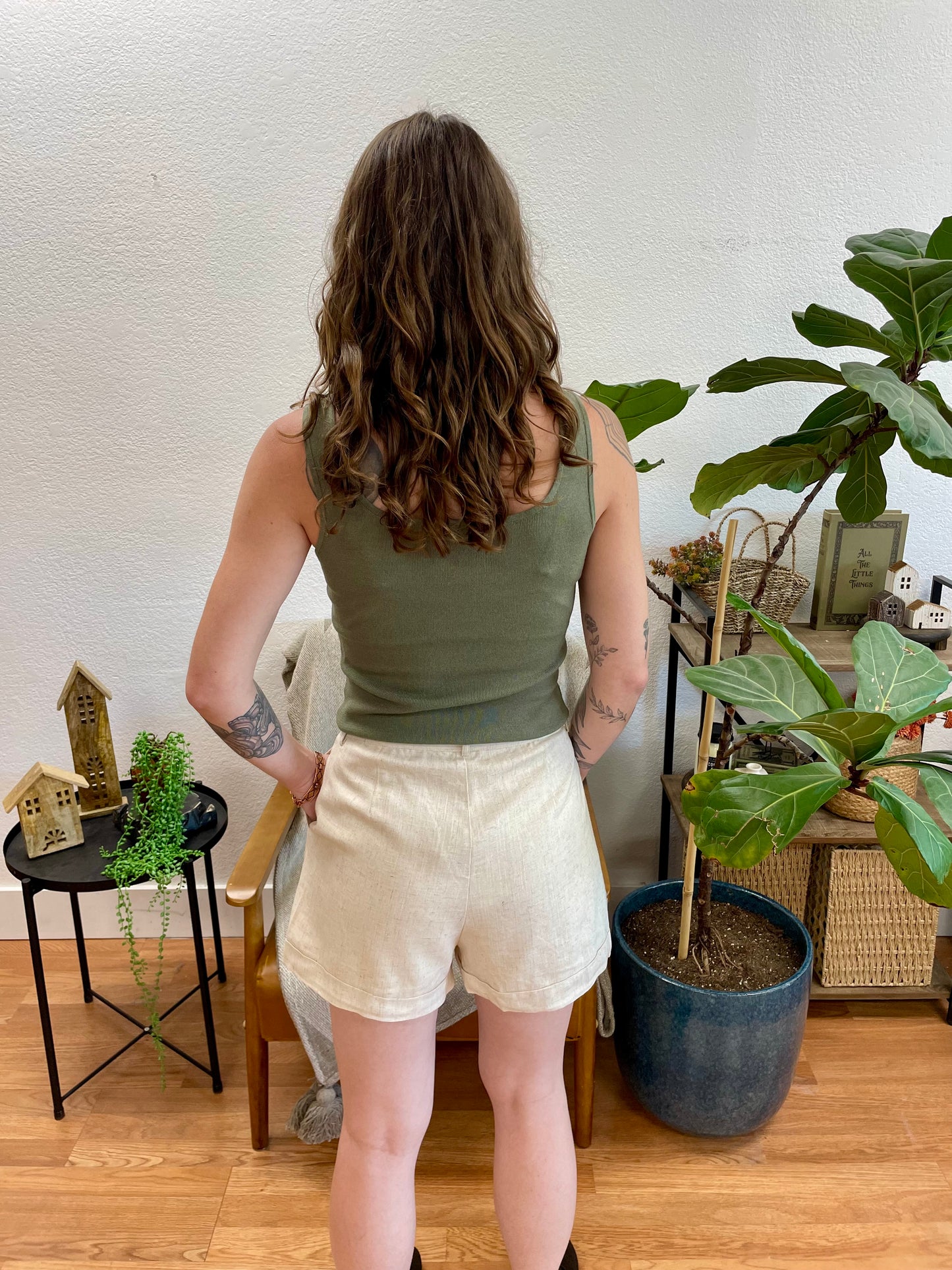 Taupe Linen Tie Front Shorts