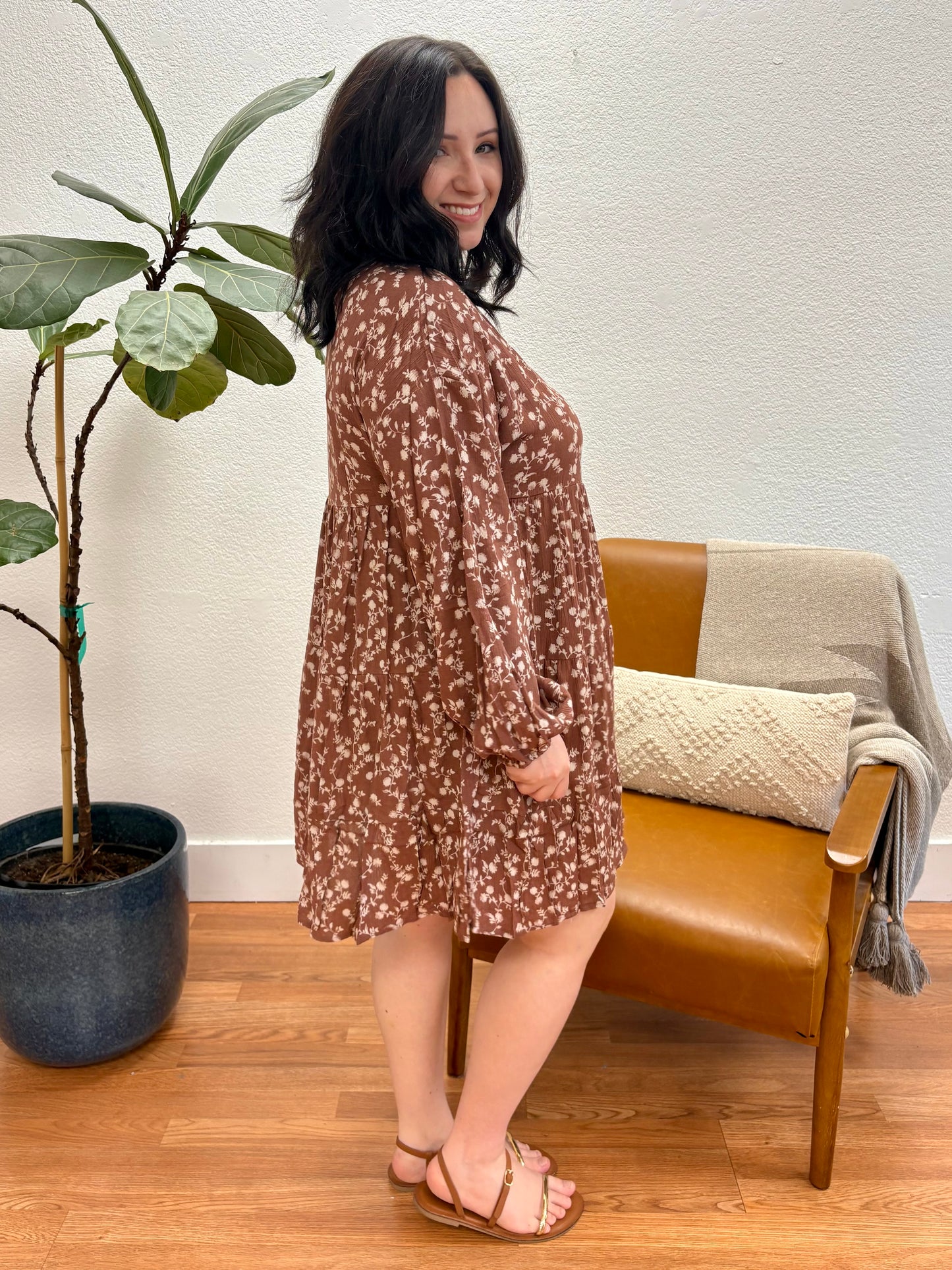 Rose Tan Floral Babydoll Dress