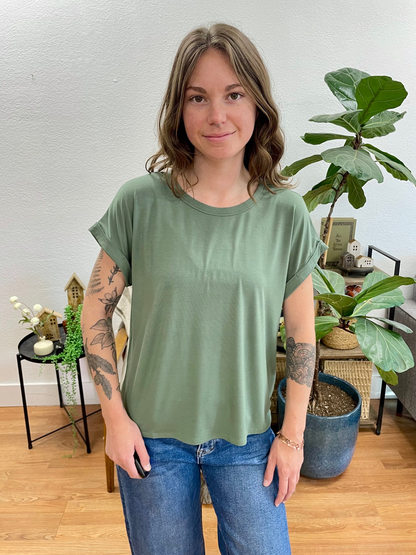 Olive Crew Neck Rolled Sleeve Top
