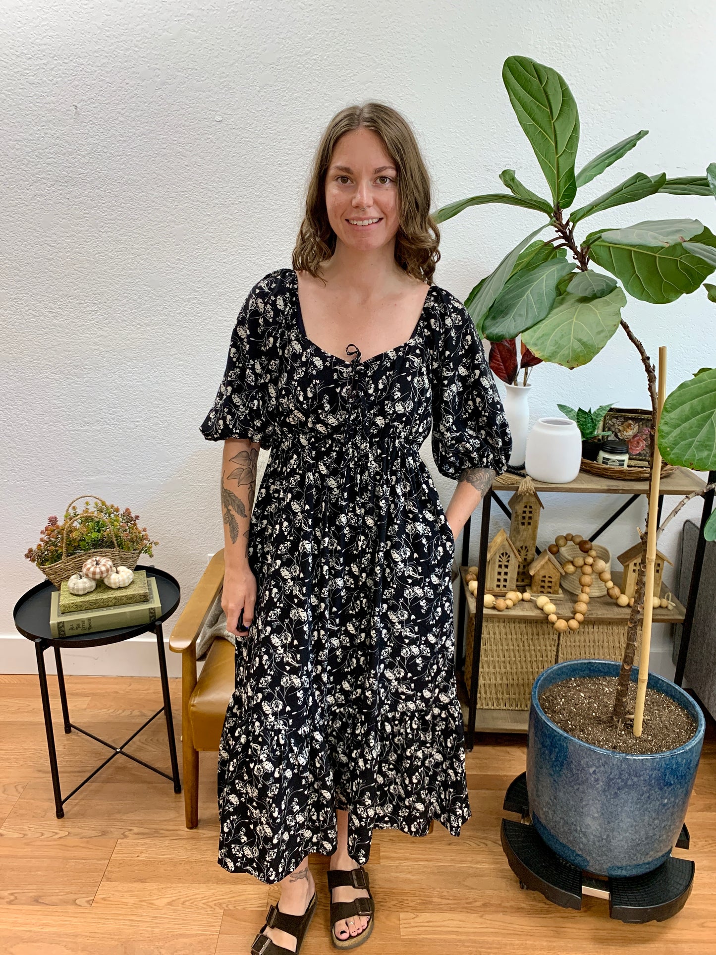 Black Floral Front Tie Midi Dress