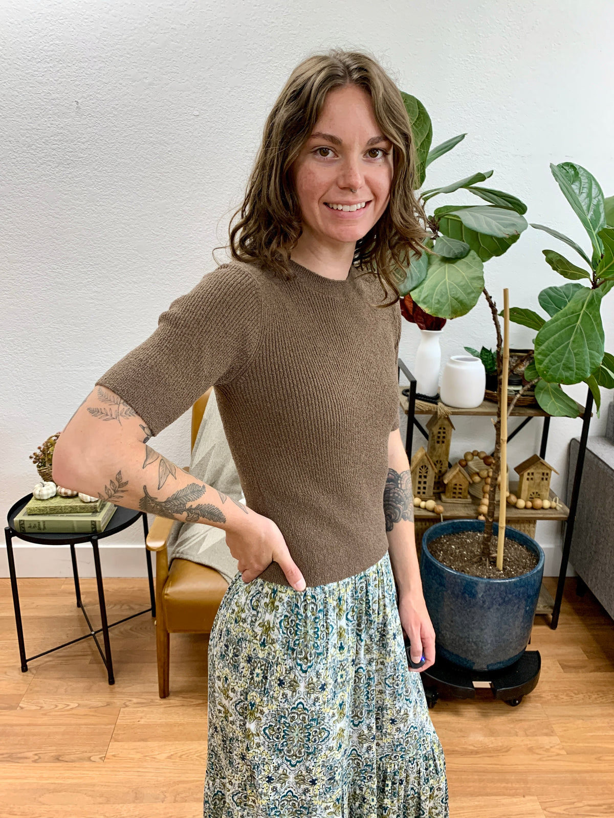 Cocoa Ribbed Half Sleeve Top