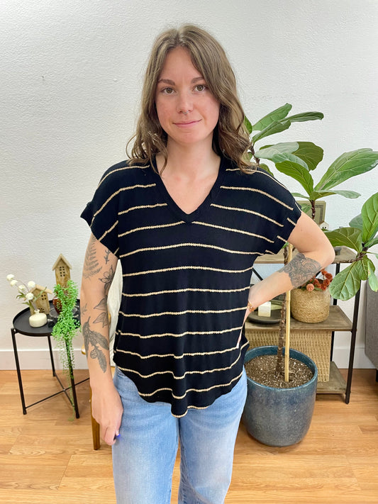Black Striped V Neck Knit Tee