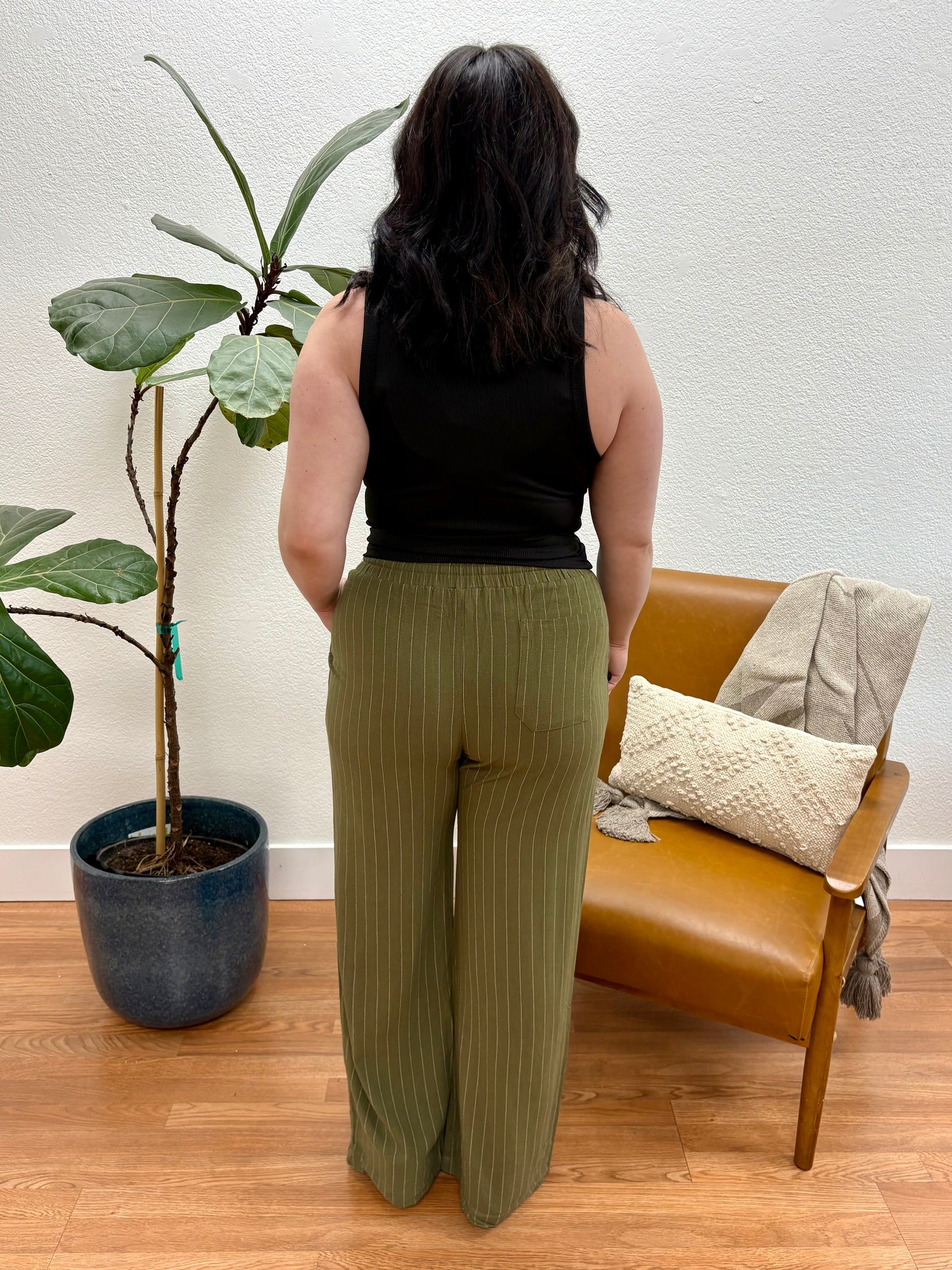 Olive Pull On Pinstripe Pants