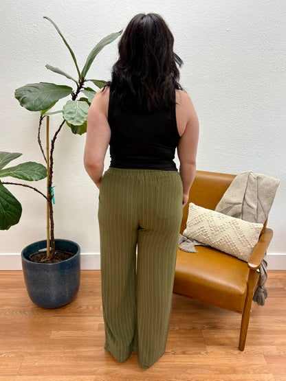 Olive Pull On Pinstripe Pants